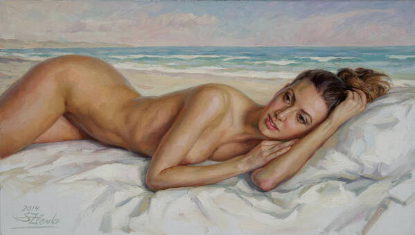 Nude Art Print featuring the painting On the beach by Serguei Zlenko
