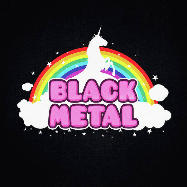 Music Art Print featuring the digital art BLACK METAL Funny Unicorn / Rainbow Mosh Parody Design by Philipp Rietz