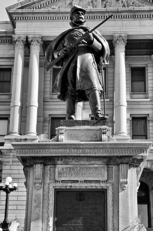  Union Art Print featuring the mixed media Union Solider At Denver State Capitol Building BW by Angelina Tamez