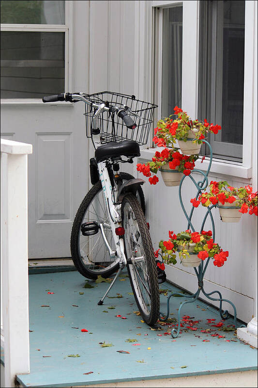 Bicycle Art Print featuring the photograph Bicycles and Geraniums #1 by Jackson Pearson