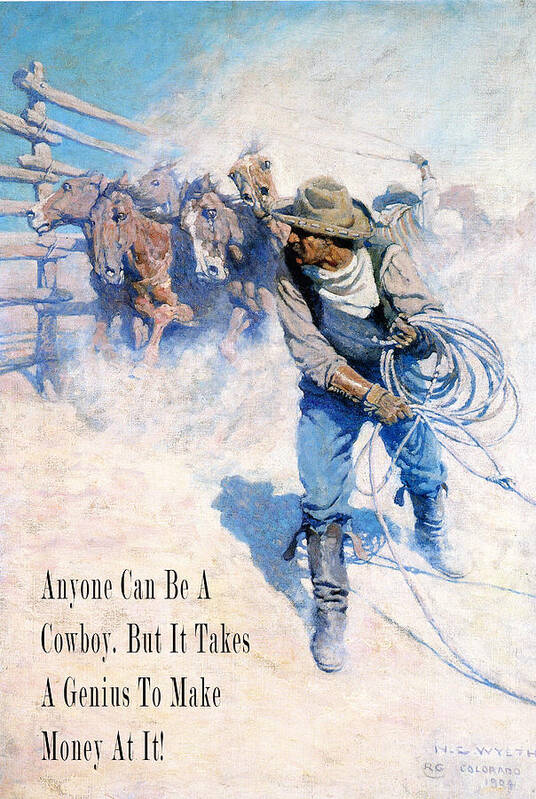 Cowboy Roping Wild Horses Art Print featuring the digital art Cowboy Roping Wild Horses #1 by N C Wyeth 