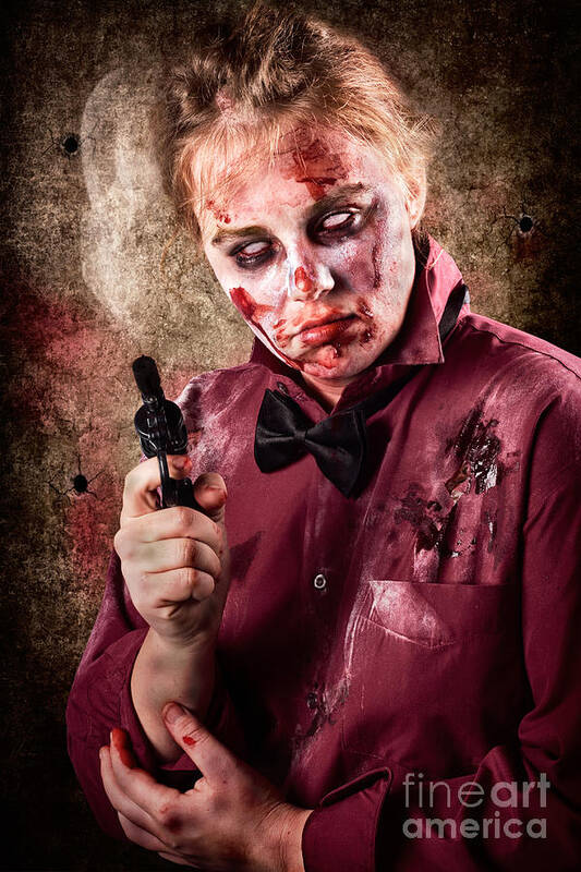 Horror Art Print featuring the photograph Evil demented zombie holding hand gun. Robbery #1 by Jorgo Photography