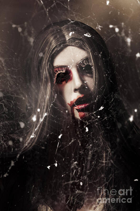 Halloween Art Print featuring the photograph Female face of dark horror. Eye of the black widow by Jorgo Photography