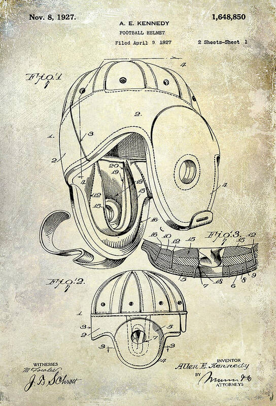 Football Patent Art Print featuring the photograph 1927 Football Helmet Patent by Jon Neidert
