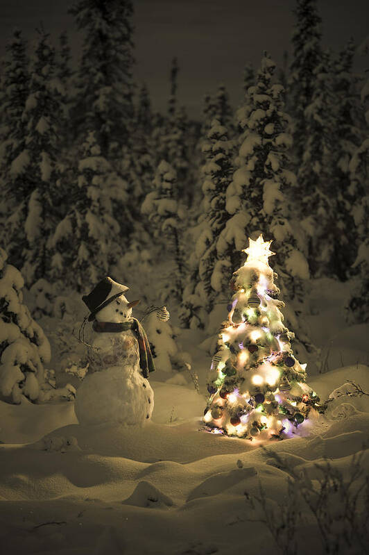 Smith Art Print featuring the photograph Snowman Stands In A Snowcovered Spruce by Kevin Smith