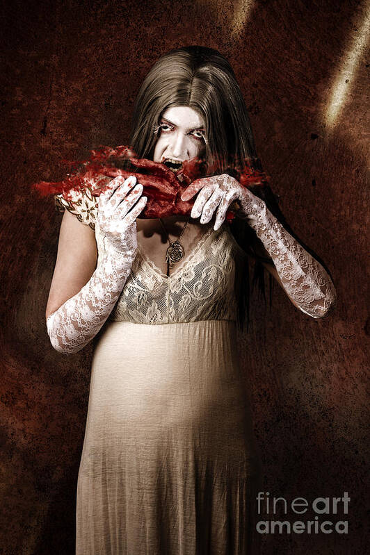 Blood Art Print featuring the photograph Zombie vampire woman eating human hand #1 by Jorgo Photography