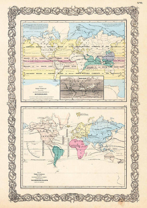 1855 Art Print featuring the photograph 1855 Antique World Maps Illustrating Principal Features of Meteorology Rain and Principal Plants by Karon Melillo DeVega