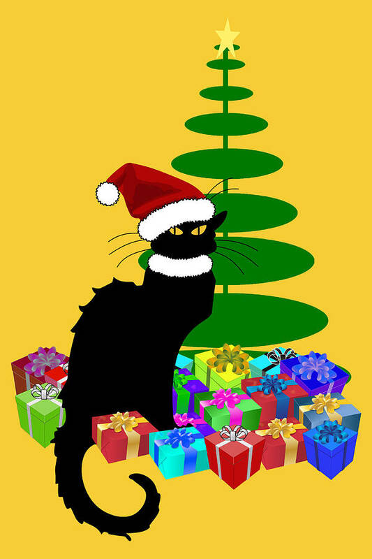 Le Chat Noir Art Print featuring the mixed media Christmas Le Chat Noir With Santa Hat #2 by Gravityx9  Designs