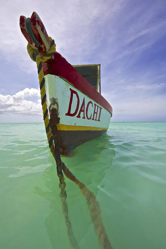 Aqua Art Print featuring the photograph Anchored Colorful Fishing Boat of Aruba II by David Letts