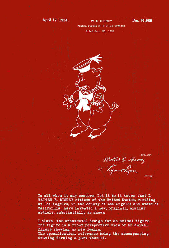 Practical Pig Art Print featuring the digital art Disney Pig Patent #2 by Marlene Watson