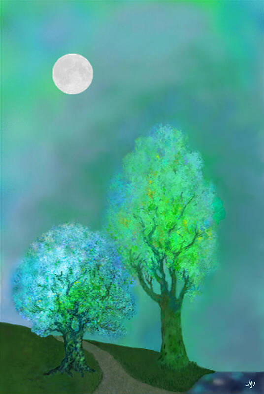 Twilight Art Print featuring the digital art unbordered DREAM TREES AT TWILIGHT #2 by Mathilde Vhargon