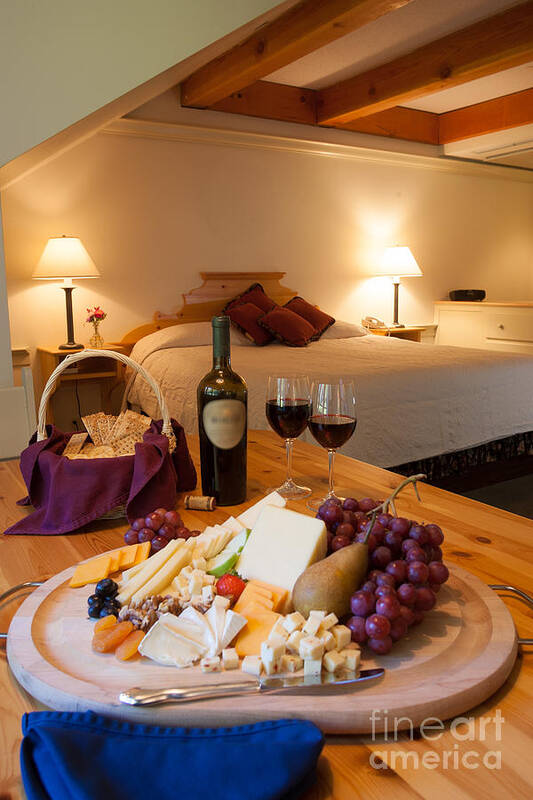 New England Art Print featuring the photograph Wine and cheese in a luxurious hotel room. #2 by Don Landwehrle