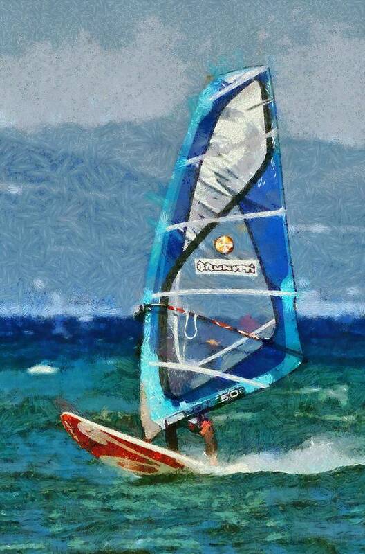 Windsurfing Art Print featuring the painting Windsurfing #32 by George Atsametakis