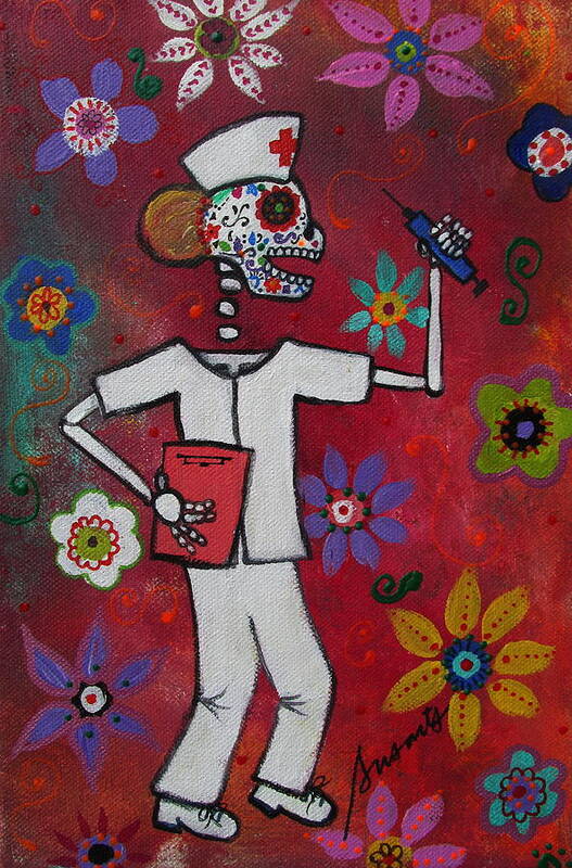 El Perrito Art Print featuring the painting Dia De Los Muertos Nurse #8 by Pristine Cartera Turkus