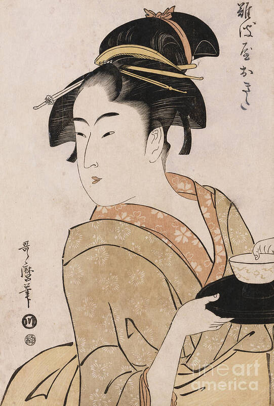 Female Art Print featuring the painting A Bust Portrait of the Waitress Okita of the Naniwaya Teahouse by Kitagawa Utamaro
