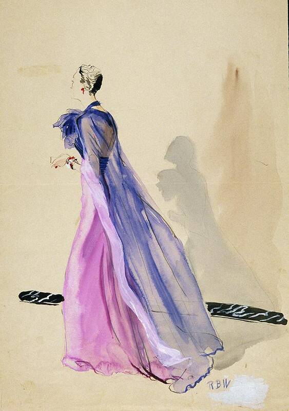 Fashion Art Print featuring the digital art A Model Wearing A Blue Cape And Pink Chiffon by Rene Bouet-Willaumez