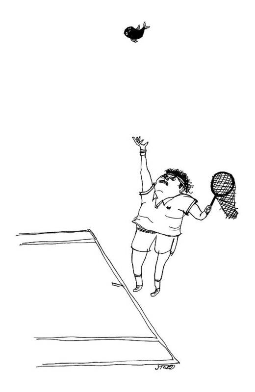 Captionless Tennis Art Print featuring the drawing A Tennis Player Holds A Fishing Net Instead by Edward Steed