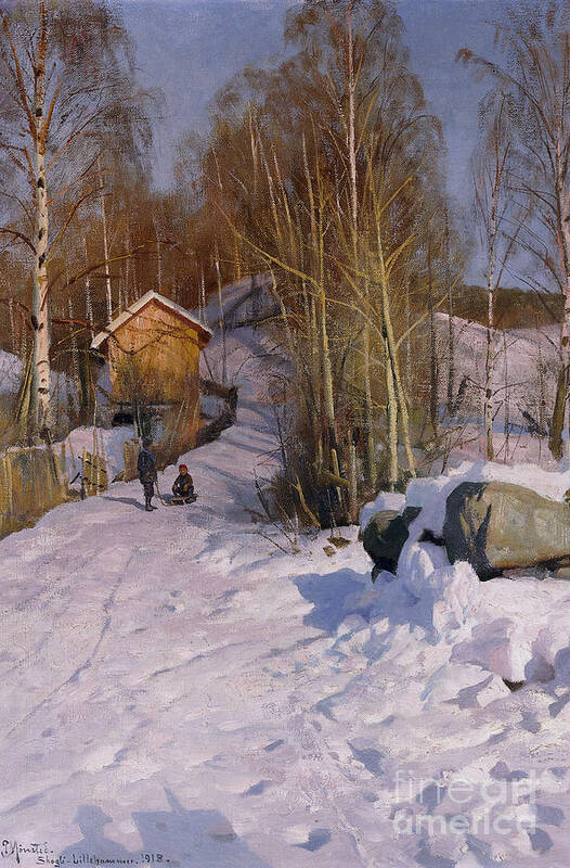 1918 Art Print featuring the painting A Winter Landscape with Children Sledging by Peder Monsted