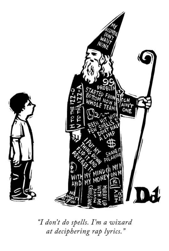 Wizard Art Print featuring the drawing A Wizard With Phrases Written All Over His Cloak by Drew Dernavich