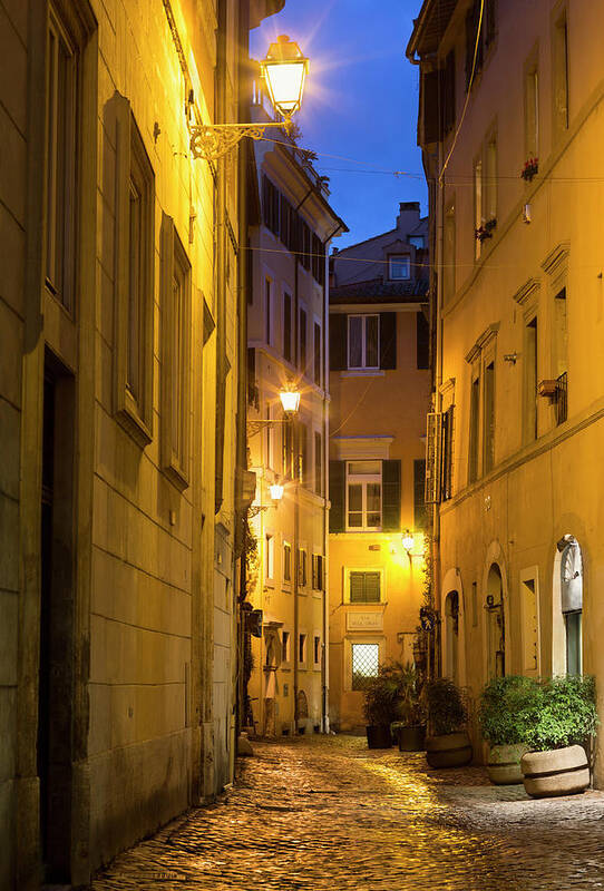Saturated Color Art Print featuring the photograph Alley At Dusk In Rome, Italy by Romaoslo