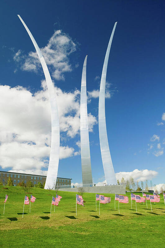 Photography Art Print featuring the photograph American Flags At Base Of Three Soaring by Panoramic Images