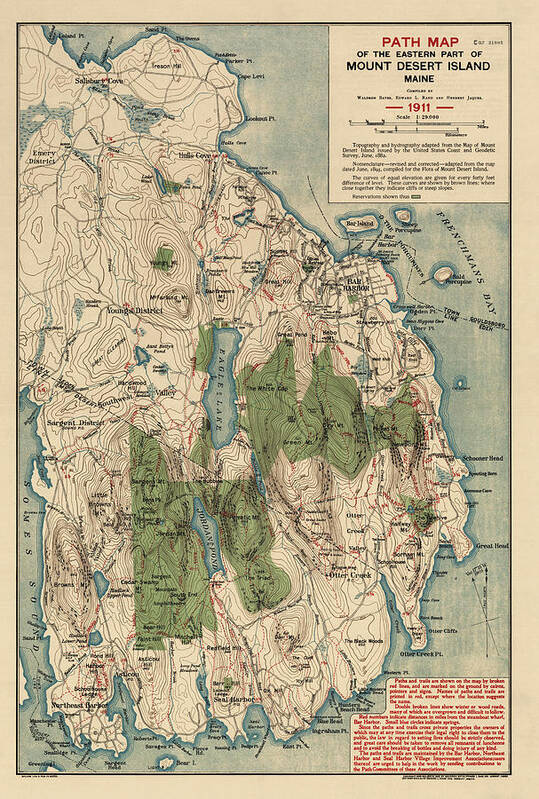 Mount Desert Island Art Print featuring the drawing Antique Map of Mount Desert Island - Acadia National Park - by Waldron Bates - 1911 by Blue Monocle