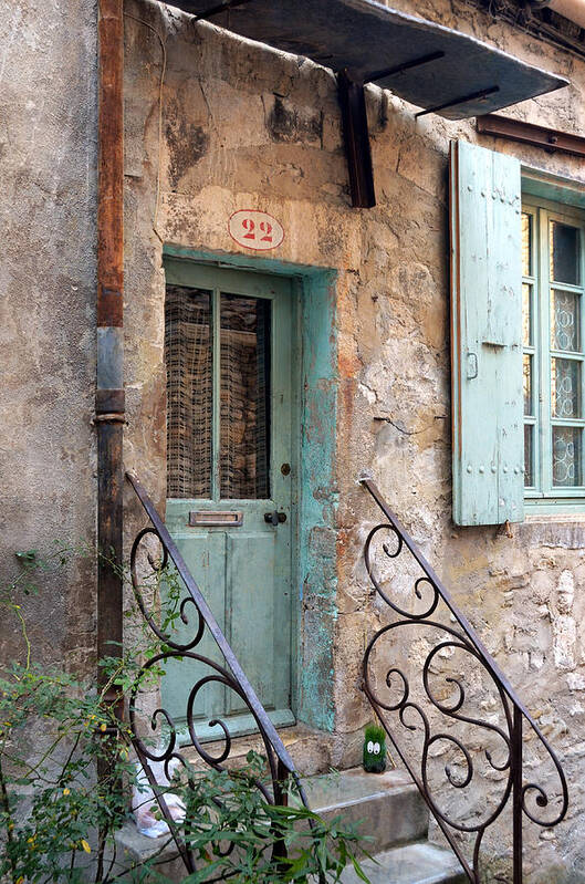 France Art Print featuring the photograph Aqua Door at Number 22 in Viviers France by Carla Parris