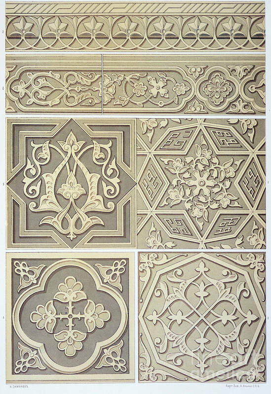 Decoration; Design; Foliate; Geometric; Border; Muslim; Moslem; Arabesque; Islamic Art Print featuring the drawing Arabic tile designs by Anonymous