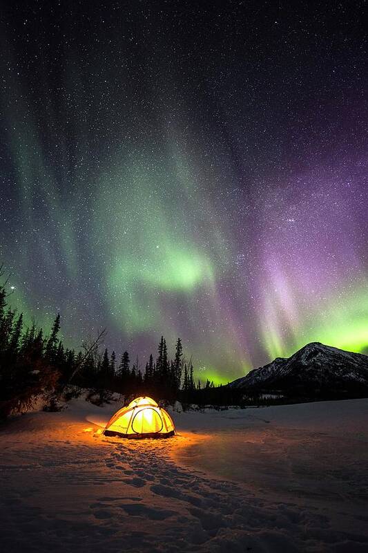 Alaska Art Print featuring the photograph Aurora Borealis Over Campsite In Alaska by Chris Madeley