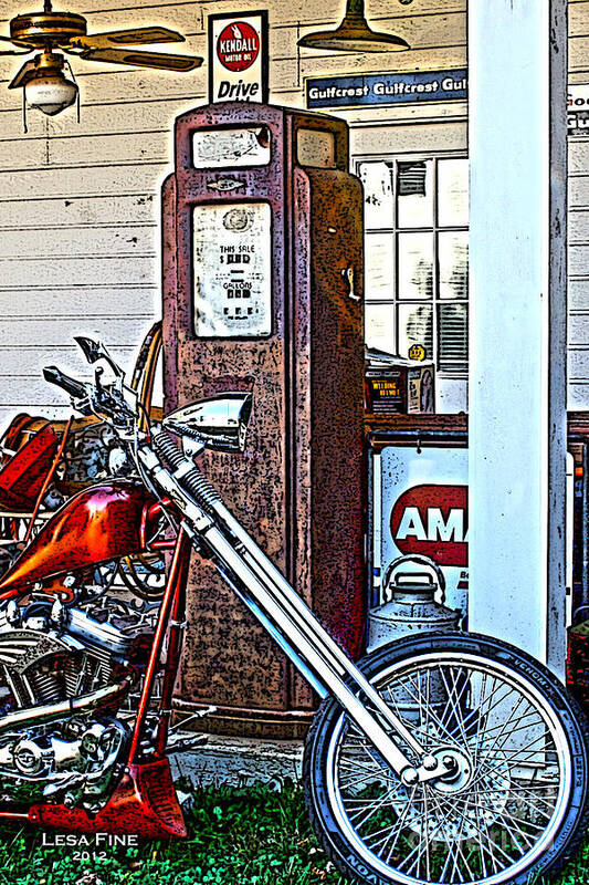 Chopper; Vehicle Art Print featuring the photograph Aztec and the Gas Pump by Lesa Fine