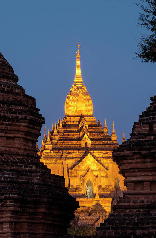 Built Structure Art Print featuring the photograph Bagan, Illuminated Temple At Dusk by Martin Puddy