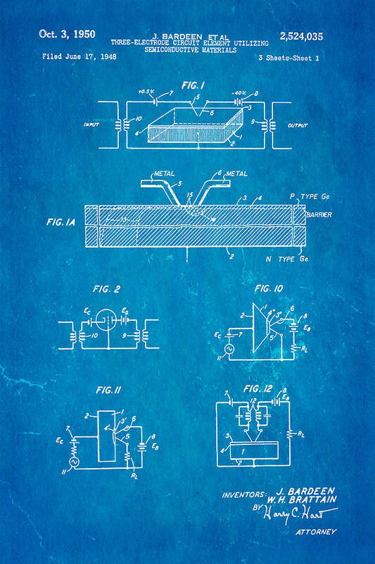 Electricity Art Print featuring the photograph Bardeen Transistor Patent Art 1950 Blueprint by Ian Monk