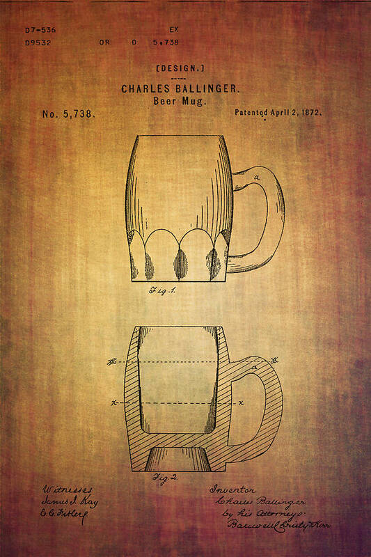 Patent Art Print featuring the digital art Beer mug patent from 1872 by Eti Reid