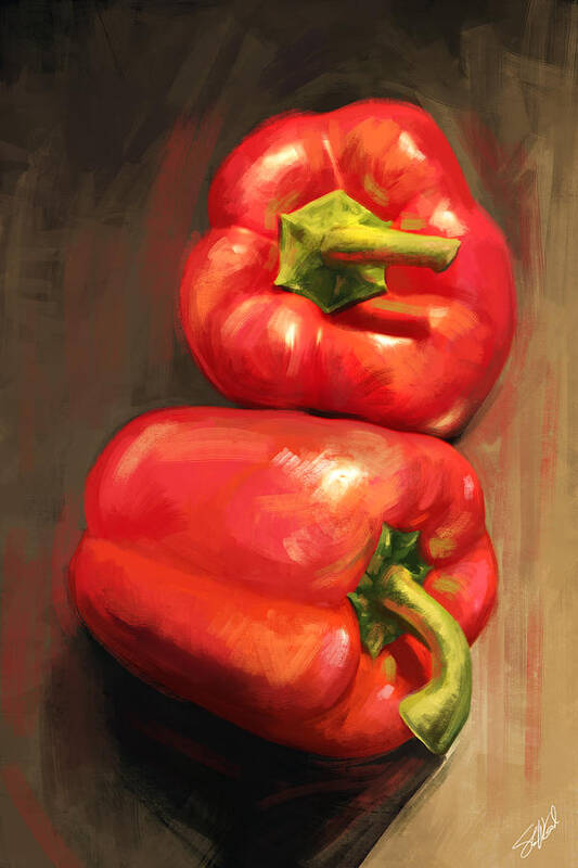 Still Life Vegetables Bell Peppers Red Kitchen Art Art Print featuring the digital art Bell Peppers by Steve Goad