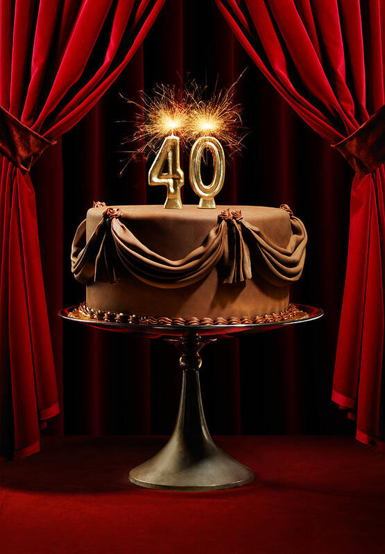 Aging Process Art Print featuring the photograph Birthday Cake on Stage with Number 40 Candles by Lauren Burke