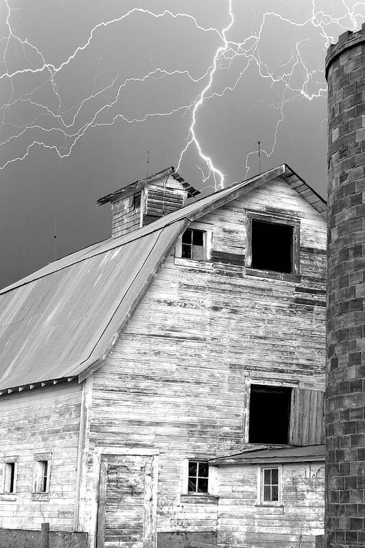 Lightning Art Print featuring the photograph Black and white Old Barn Lightning Strikes by James BO Insogna