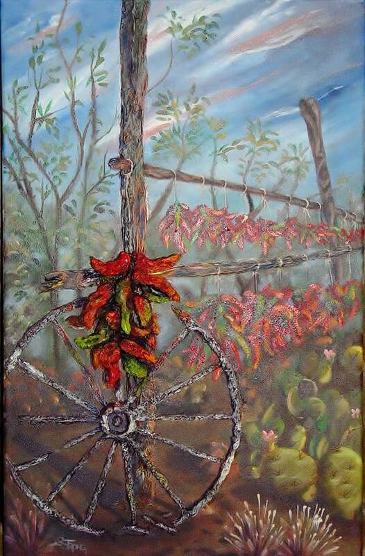 Wheel Art Print featuring the painting Broken Wheel and Chili by Sherry Strong