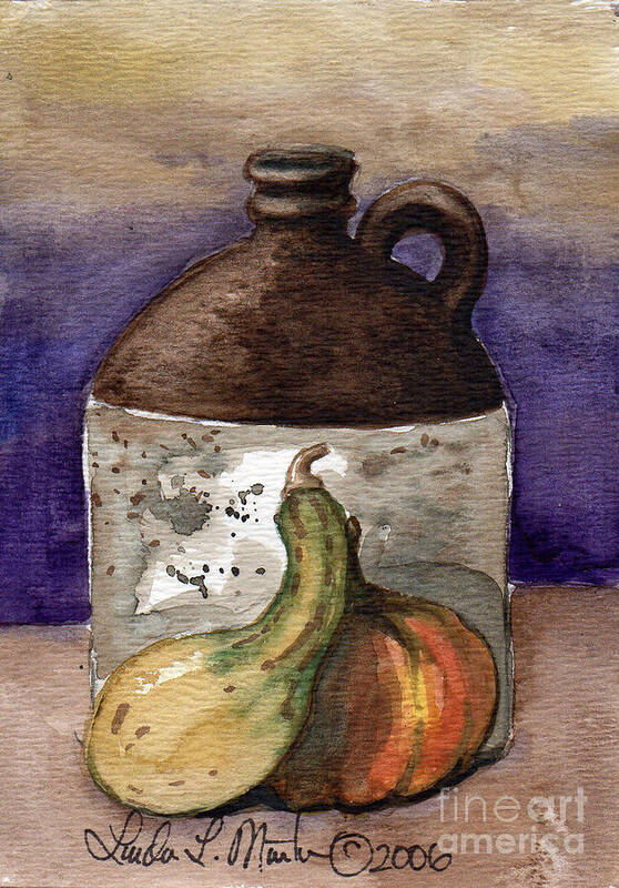 Gord Art Print featuring the painting Brown Jug and Gourds by Linda L Martin