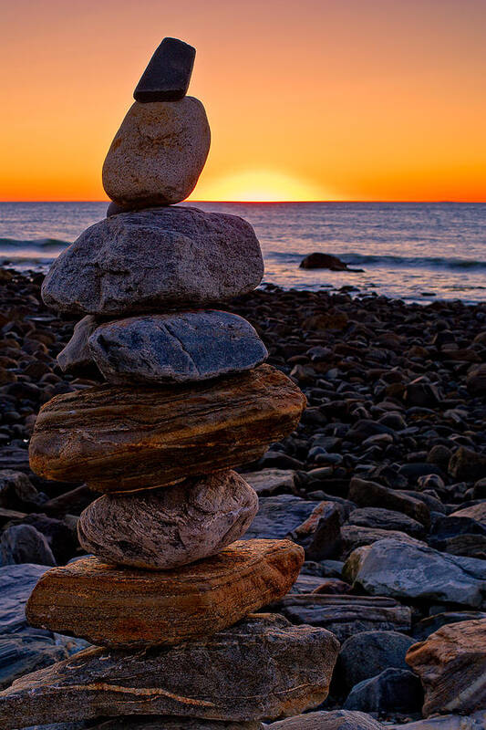 New Hampshire Art Print featuring the photograph Cairn At Sunrise Rye Harbor NH by Jeff Sinon