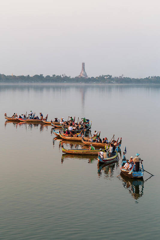 Pagoda Art Print featuring the photograph Canoes On Taungthaman Lake by Merten Snijders