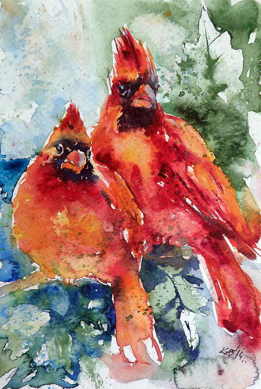 Cardinal Art Print featuring the painting Cardinal birds by Kovacs Anna Brigitta