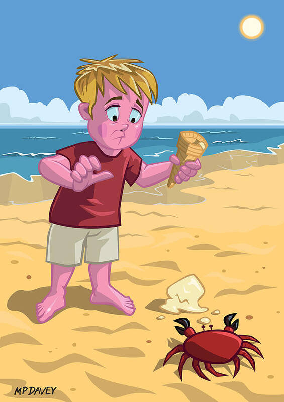 Beach Art Print featuring the digital art Cartoon Boy With Crab On Beach by Martin Davey