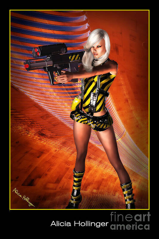 Sci-fi Art Print featuring the mixed media Caution Sci-Fi Blonde With a Gun by Alicia Hollinger