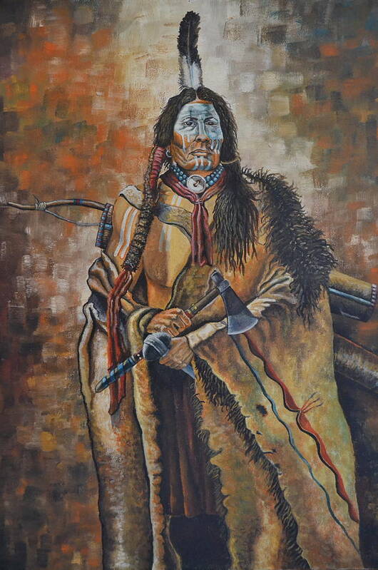 A Cheyenne Warrior With Axe And Battle Weapon's Wearing A Deer Skin. The Warrior Has His War Paint On His Face And Arms. Art Print featuring the painting Cheyenne Warrior by Martin Schmidt