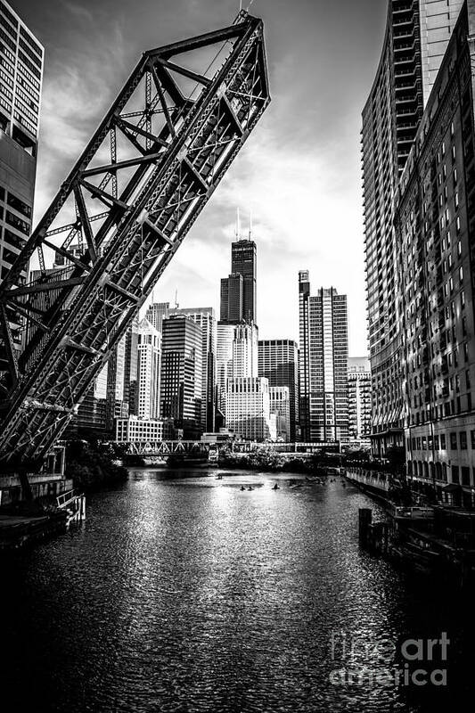 America Art Print featuring the photograph Chicago Kinzie Street Bridge Black and White Picture by Paul Velgos