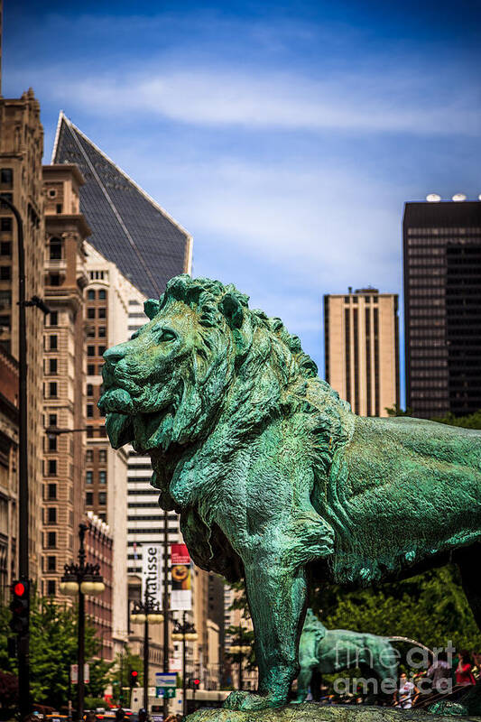America Art Print featuring the photograph Chicago Lion Statues at the Art Institute by Paul Velgos