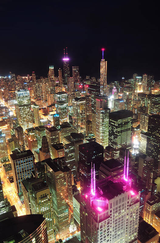 Chicago Art Print featuring the photograph Chicago night aerial view by Songquan Deng