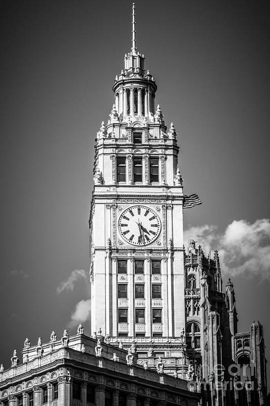 America Art Print featuring the photograph Chicago Wrigley Building Clock Black and White Picture by Paul Velgos