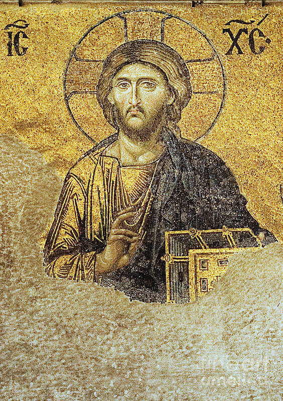 Christian Mosaic Art Print featuring the photograph Christ Pantocrator-Detail of Deesis Mosaic Hagia Sophia-Judgement Day by Urft Valley Art Matt J G Maassen-Pohlen