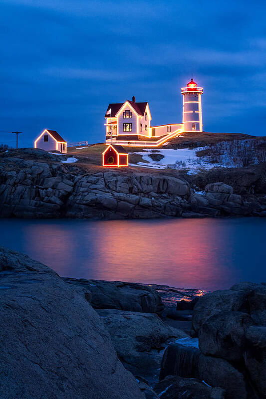 Christmas Art Print featuring the photograph Christmas Time At Nubble Light. by Jeff Sinon